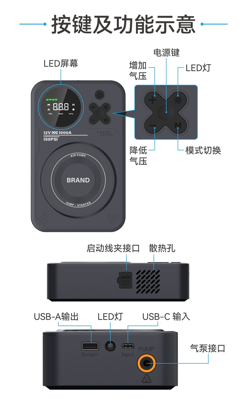 電將軍B37 2000A汽車啟動電源充氣泵搭電充氣一體機06